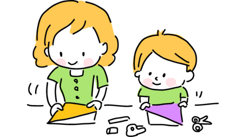 親子で折り紙するイラスト