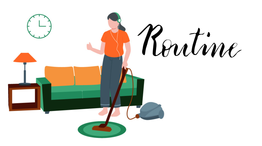 イヤホンで音楽を聴きながら掃除機をかける女性のイラスト。ながら家事を習慣化して楽しむ様子を表現。