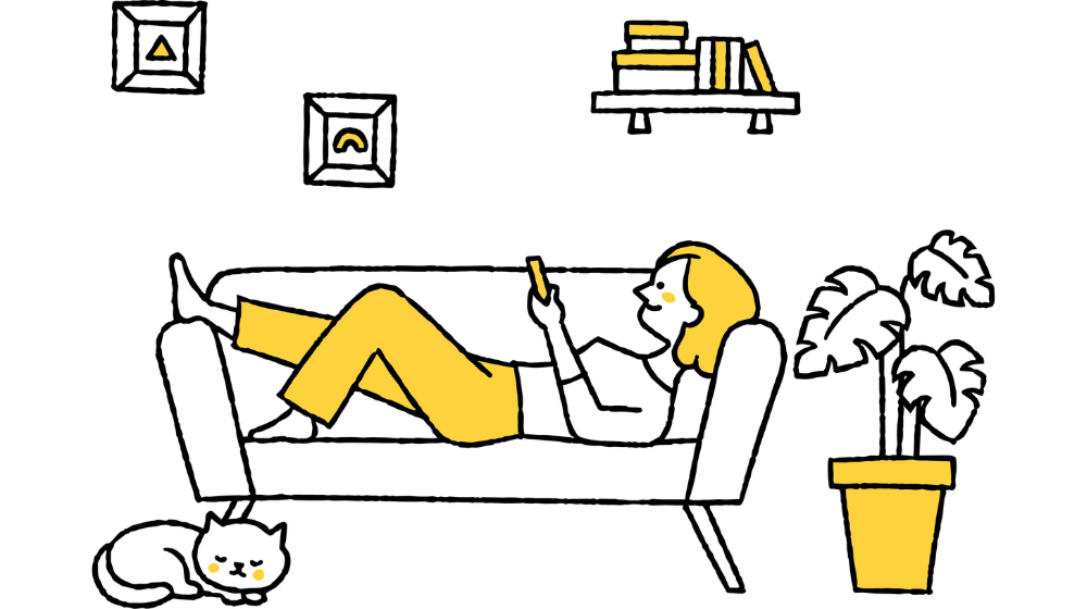 韓ドラくつろぎながらスマホで見る主婦のイラスト