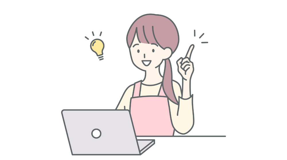 クラウドソーシングの始め方を学ぶ初心者主婦のひらめきイラスト