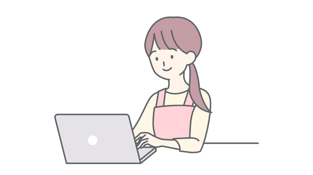 パソコンで作業する主婦のイラスト