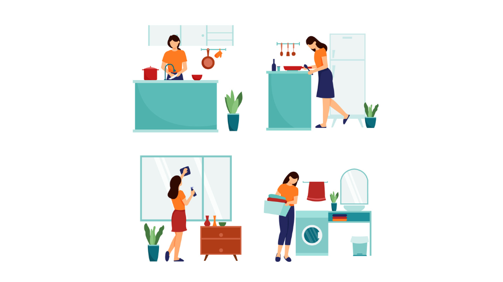 家事をしながら掃除・料理・片付をする女性のイラスト。主婦のながら家事をイメージ。