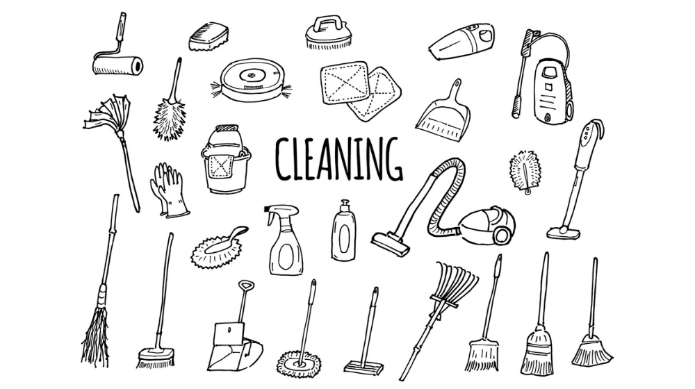 掃除機やモップ、スプレーなど掃除道具のイラスト。ながら家事で使える便利グッズを表現。