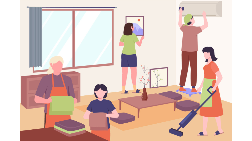 家族で協力して掃除をしているイラスト。年末の大掃除を楽しみながら進める様子を表現