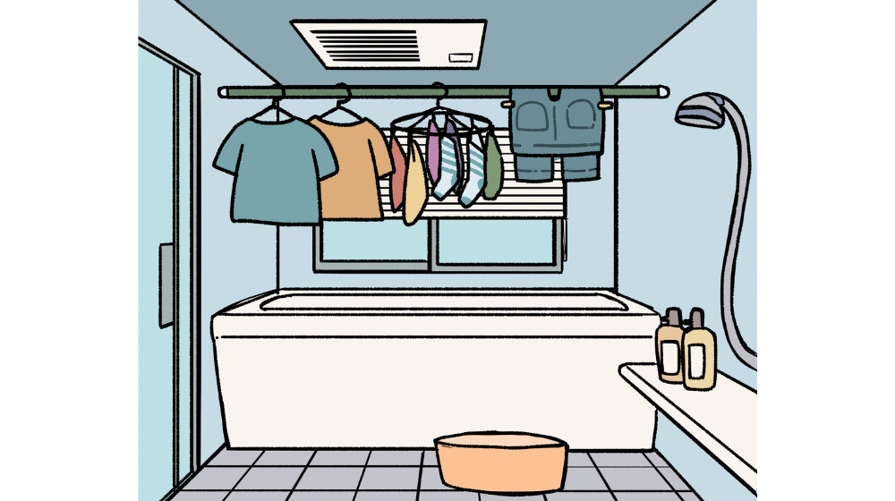 浴室乾燥で夜のうちに洗濯を終わらせることで、朝の家事がラクになるイメージ画像