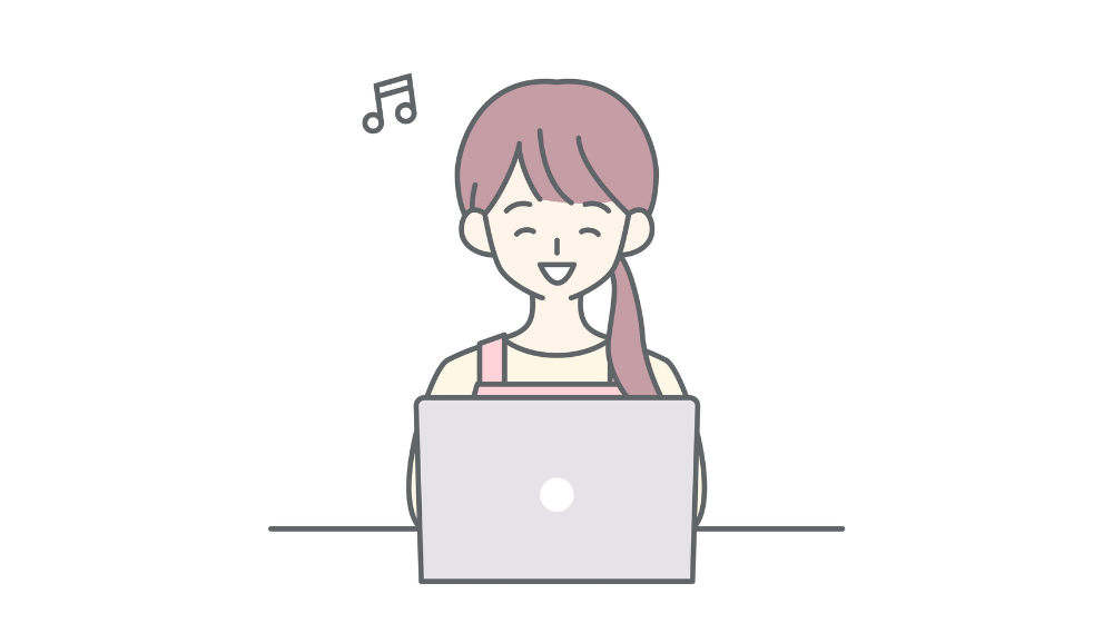 主婦に向いているクラウドソーシングの仕事をイメージした、笑顔で作業する主婦のイラスト