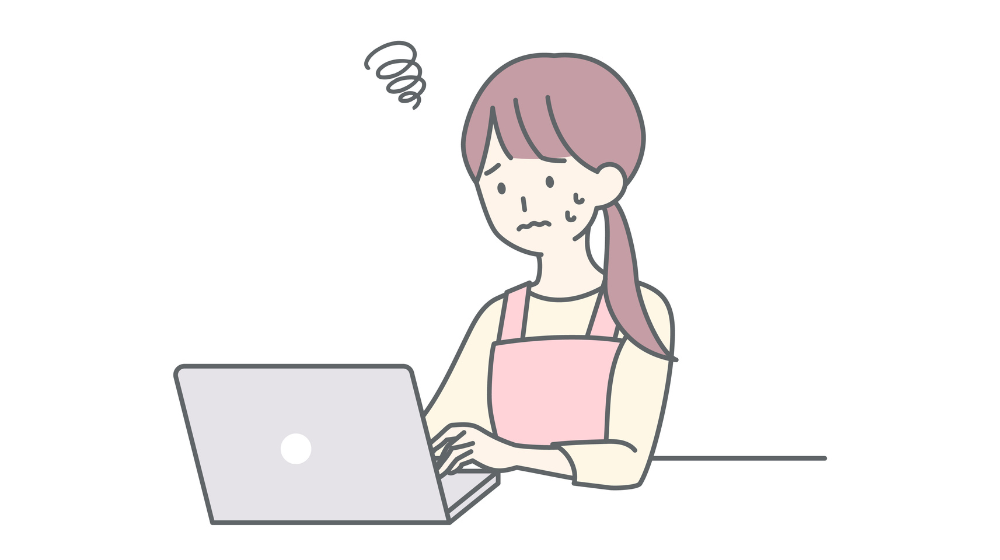 在宅ワークでつまずいて悩む主婦のイラスト