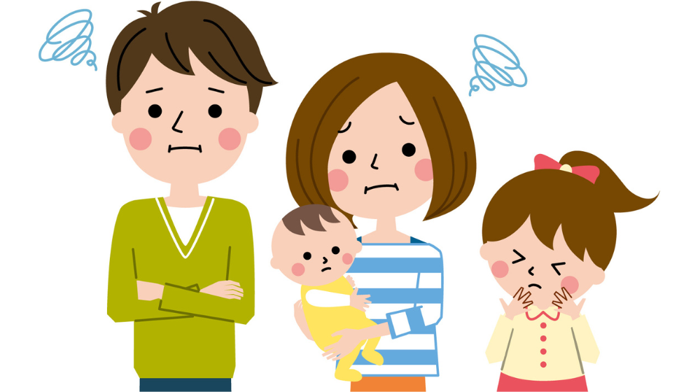 家族みんなで頑張る6歳差育児。ときには思わずため息が出ることも…。イラスト