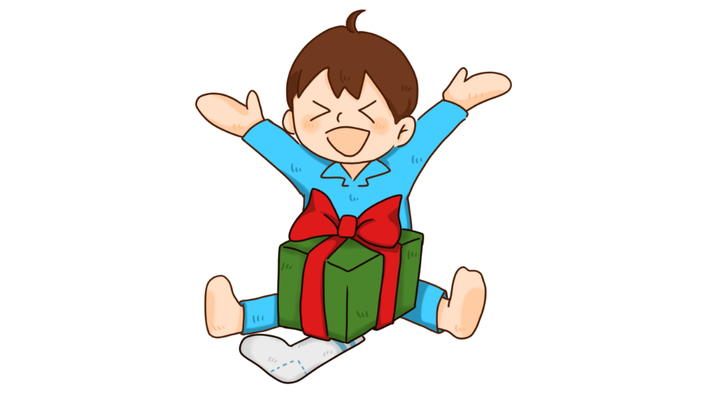 クリスマスプレゼントをもらって喜ぶ男の子のイラスト