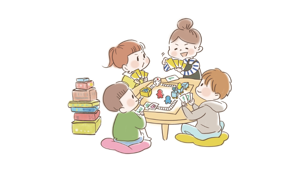 家族でボードゲームをしているイラスト