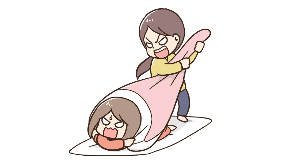 布団から出ない子どもを起こすママのイラスト