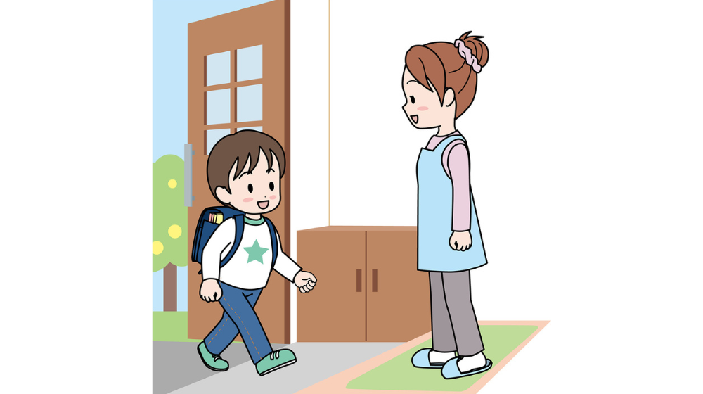 小学生の子どもが学校から帰宅し、母親が玄関で迎えているイラスト