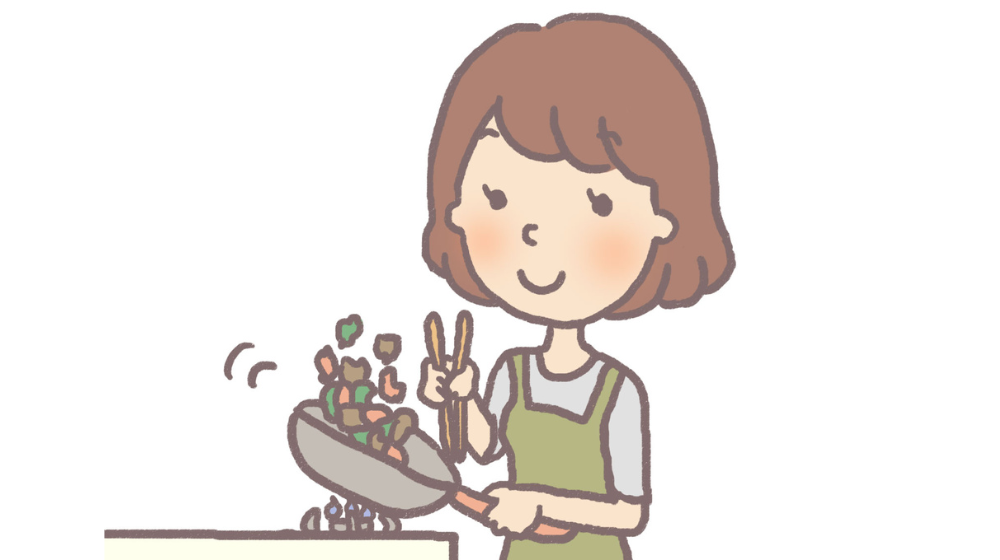 エプロンをつけた主婦が夕食を作っているイラスト
