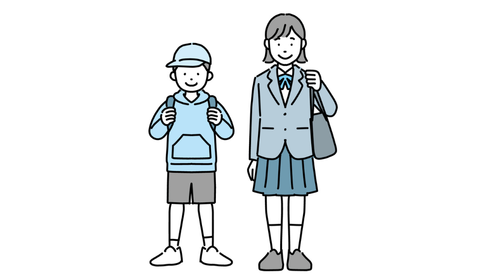 6歳差の姉弟を表す、小学生の弟と中学生の姉が並んで立つイラスト