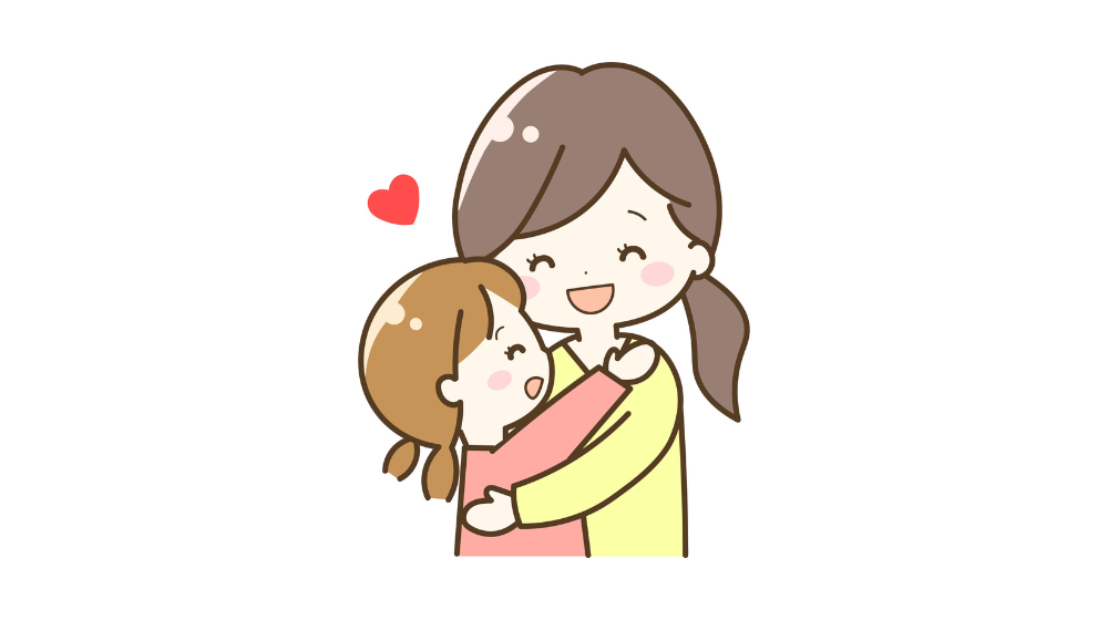 ママに抱きしめられて安心する上の子のイラスト。
