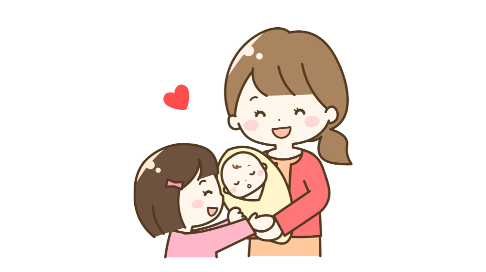 赤ちゃんを優しく見つめる上の子と母親のイラスト。
