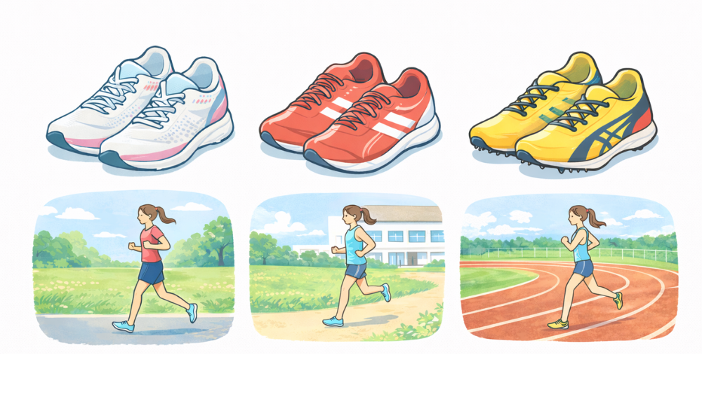 中学生から陸上を始めた長距離の子と靴選びを表したイメージイラスト