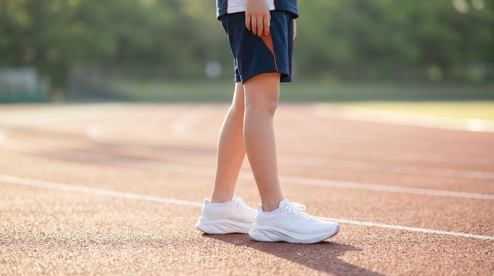陸上競技場のトラックに立つ、アシックスのノヴァブラストを履いた中学生女子の足元の写真