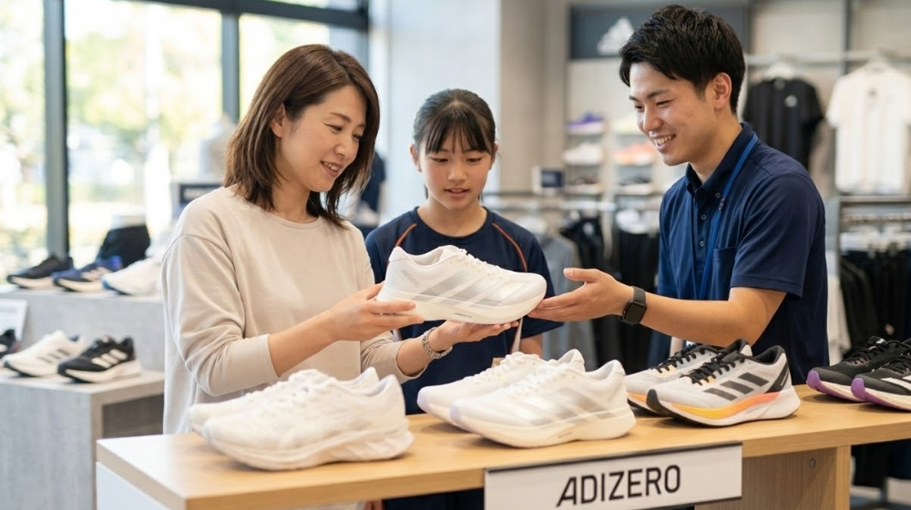 スポーツショップで店員のアドバイスを聞きながらアディゼロ EVO SLを選ぶ親子のイメージ写真