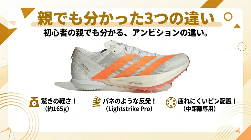 中学生の中距離スパイク アディゼロアンビションの特徴3つ（軽さ・反発力・ピン配置）