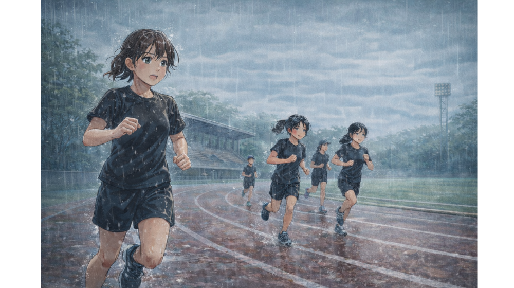 雨の陸上合宿で走る中学生の女子の様子(雨対策のイメージ)