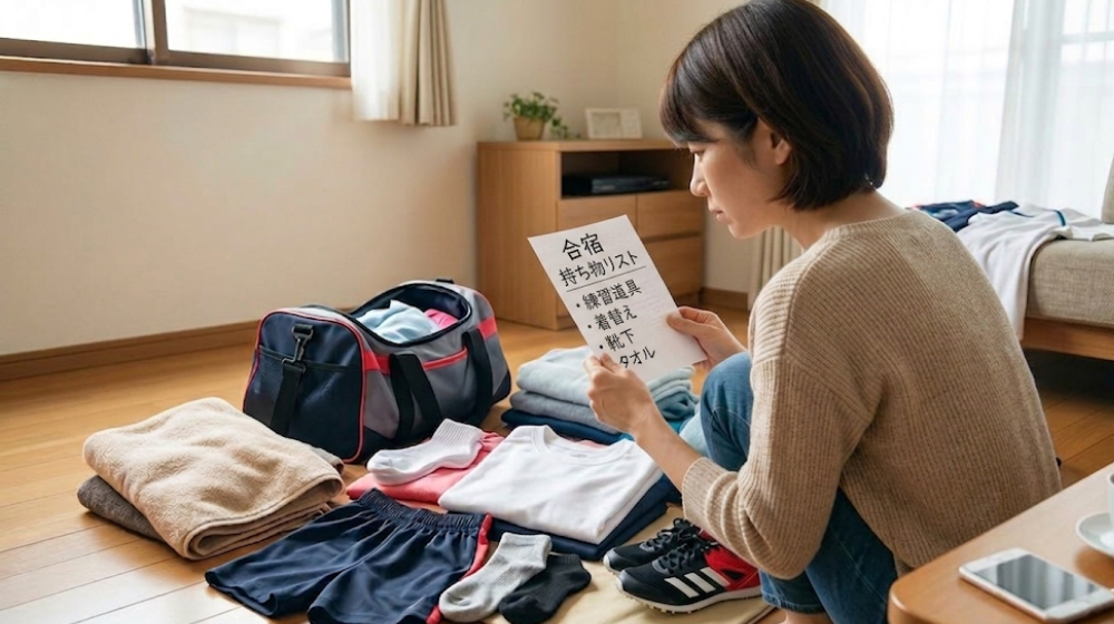 陸上合宿の持ち物リストを見ながら準備する母親と荷物