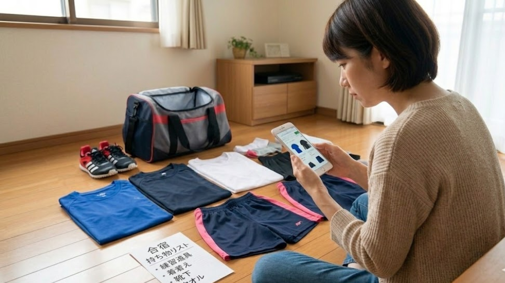 中学生の陸上合宿の練習着を買い足すためにスマホで確認する様子