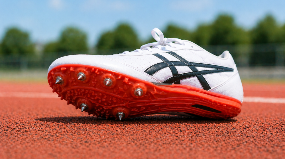 陸上トラックに置かれたスパイクの裏側とピンの様子｜初心者向けスパイクの確認ポイント