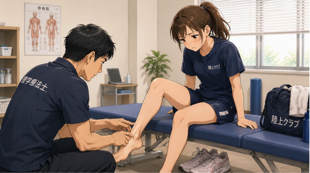 外部クラブで理学療法士の先生に足を見てもらう中学生陸上部の娘。有痛性外脛骨の状態をチェックしている様子。