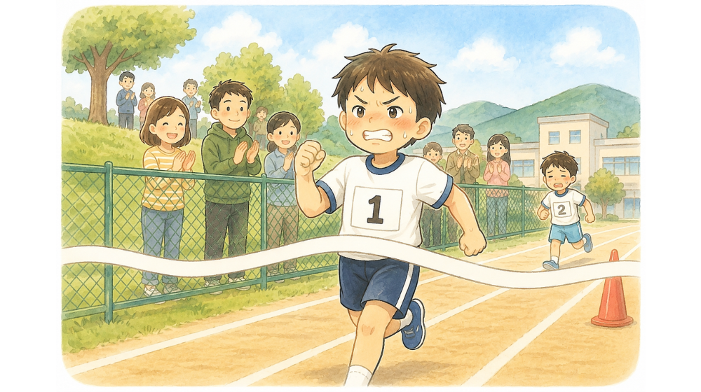 小学生 校内マラソン大会 必死に走って1位でゴールする男の子 イラスト