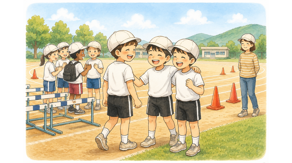 小学生 陸上クラブ 学校の友達と打ち解けて楽しそうに過ごす様子 イラスト