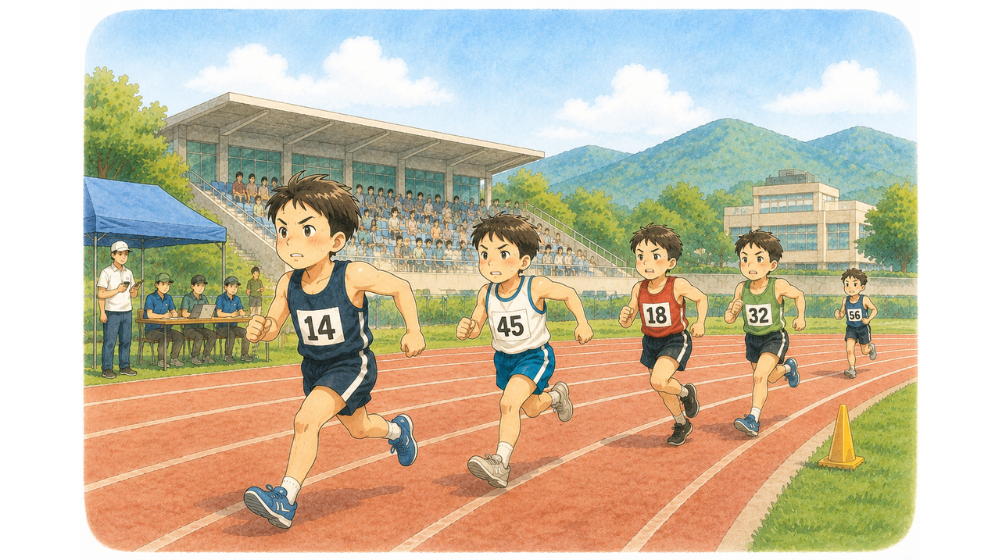小学生の陸上記録会で速い子を追いかけながら走る男の子のイラスト