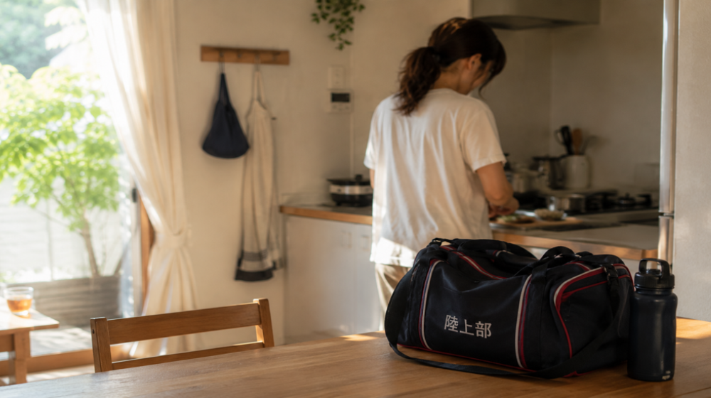 夏の夕方、西日が差し込むキッチンで夕飯を準備する母親と、テーブルに置かれた陸上バッグや水筒のある風景