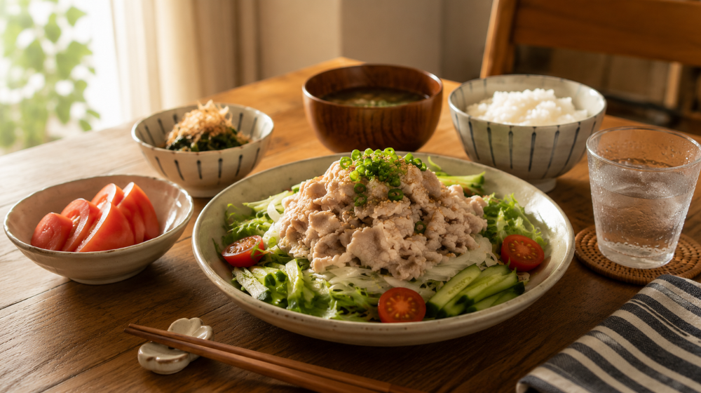 冷しゃぶサラダや冷やしトマトなど、夏に食べやすい家庭の夕飯が並ぶ食卓風景