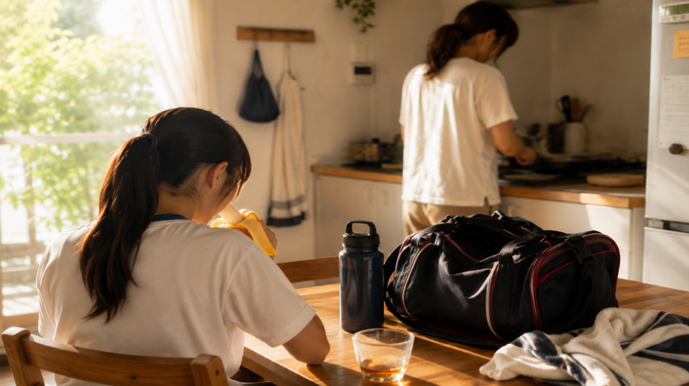 夏の夕方、外部クラブ前にバナナを食べる娘と、夕飯準備をする母親がいる家庭の風景