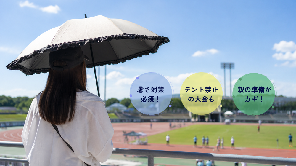 夏の陸上競技場を日傘をさして見守る保護者の後ろ姿と、暑さ対策のポイントをまとめた画像
