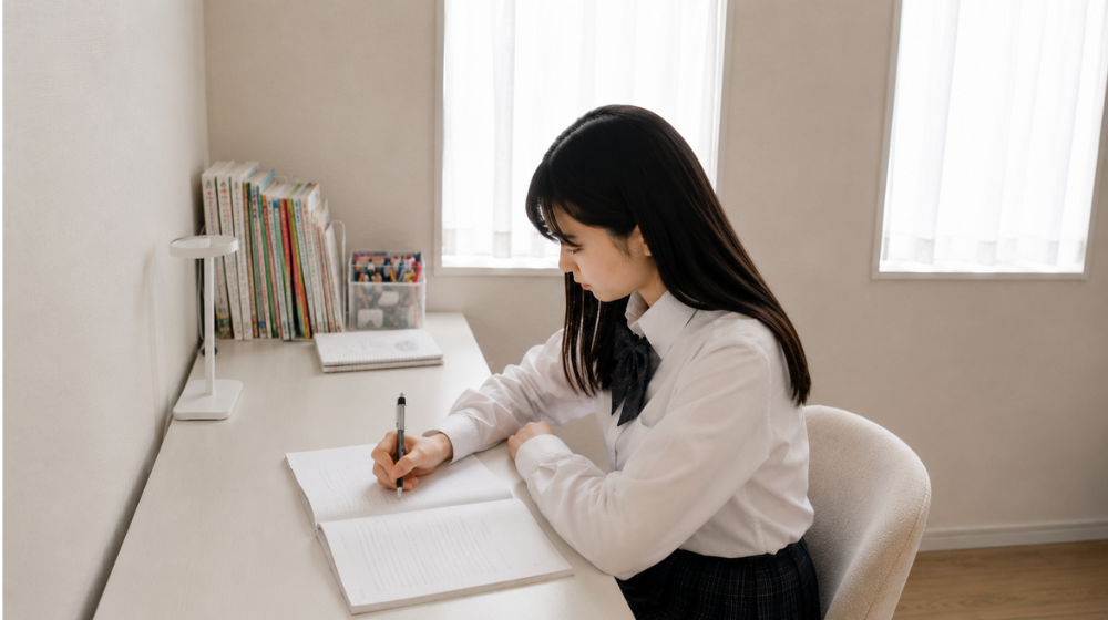 中学生の娘が自分の部屋の机で勉強している様子。白いデスクに教材や文房具が並び、自然光が入るシンプルで落ち着いた子ども部屋。