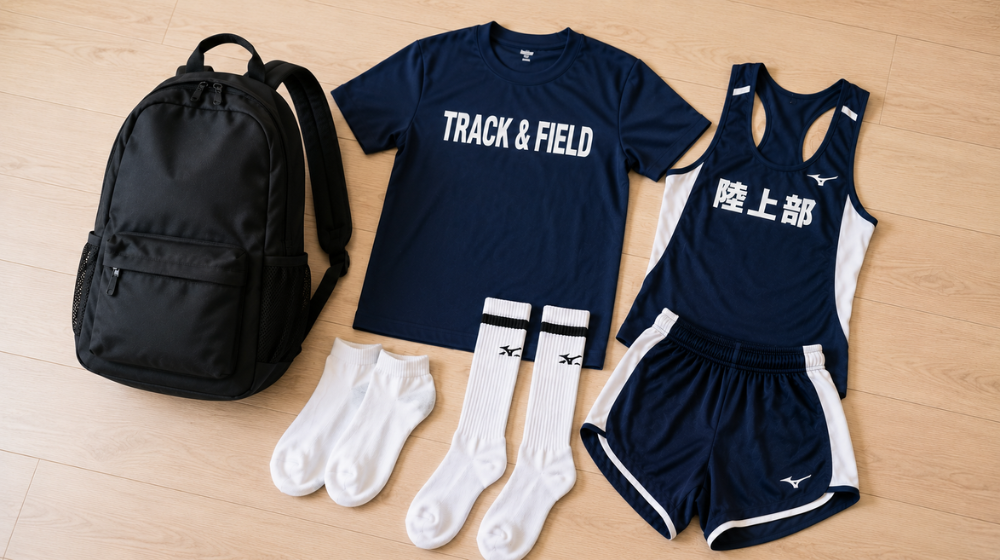 中学生の陸上部女子の荷物を並べた様子。リュックや練習用Tシャツ、ユニフォーム、靴下など、部活で増えたアイテムをまとめたイメージ。