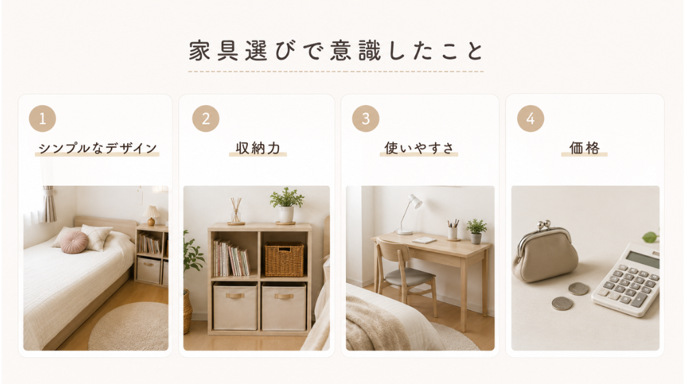 家具選びで意識しているポイントをまとめたシンプルなイメージ画像。シンプルなデザイン、収納力、使いやすさ、価格を重視した子ども部屋づくりのイメージ。