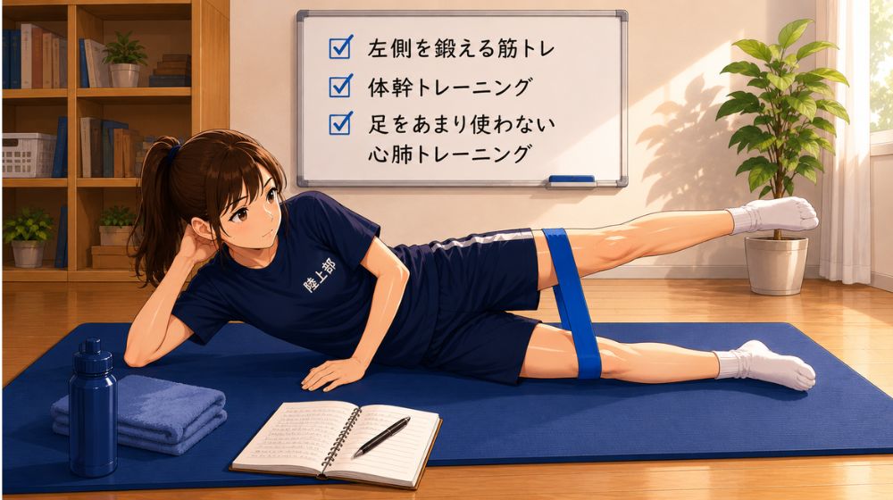 有痛性外脛骨による休養中、右足への負担を減らすため左側の筋力を鍛えるトレーニングを行う中学生陸上部の娘