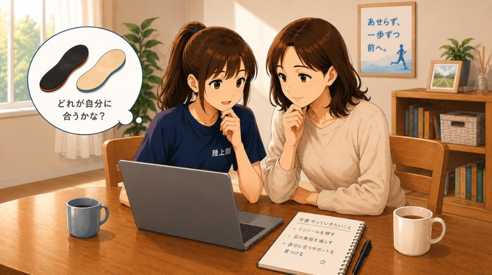 有痛性外脛骨による足への負担を減らすため、娘に合うインソールを探している親子のイメージイラスト