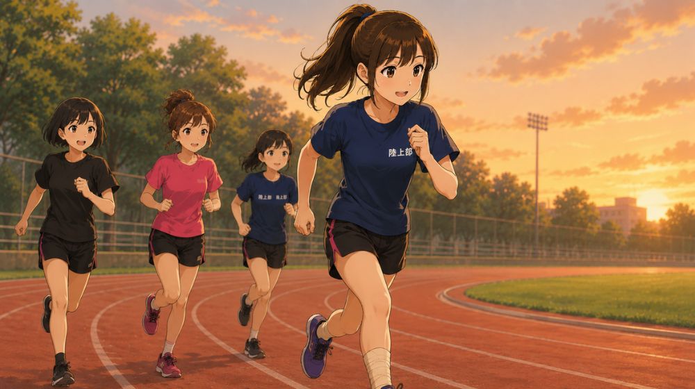 テーピングをして久しぶりに練習へ復帰し、仲間と一緒にジョギングする中学生陸上部の娘のイメージイラスト