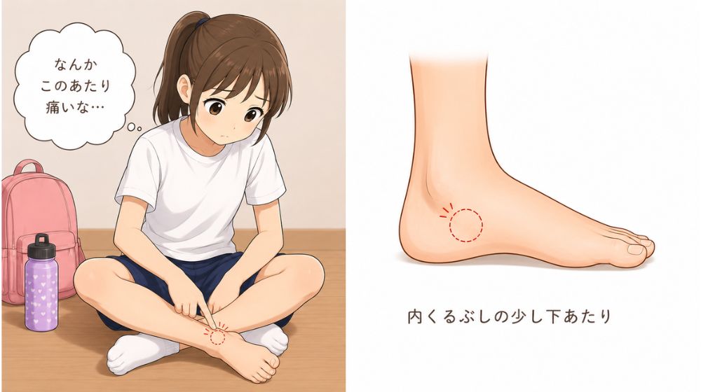 有痛性外脛骨の痛みが出やすい内くるぶしの少し下あたりを説明するイラスト。小学生の女の子が足の内側を指差し、痛みの位置を図で示している。