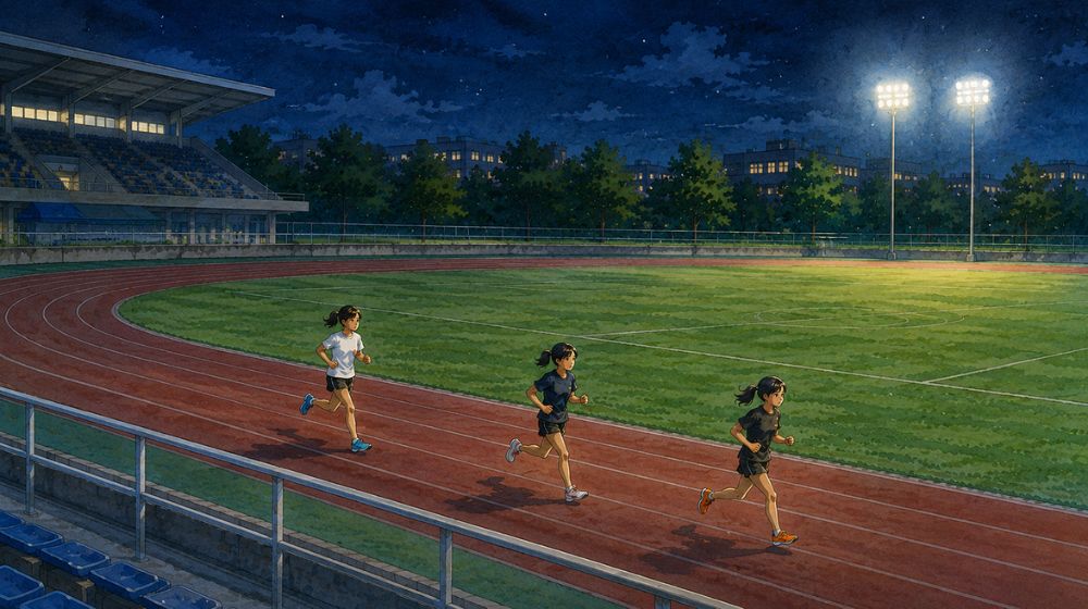 外部クラブで前を走る選手の背中を追いながら練習する中学生陸上部員のイラスト
