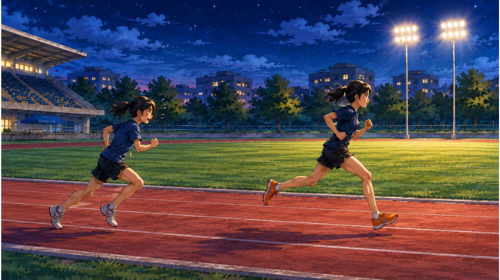 夜の競技場で前を走る選手を必死に追いかける中学生陸上部員のイラスト