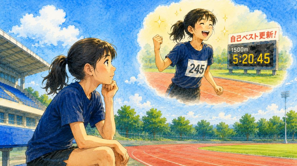自己ベスト更新を目標に競技場でモチベーションを高める中学生陸上部員のイラスト