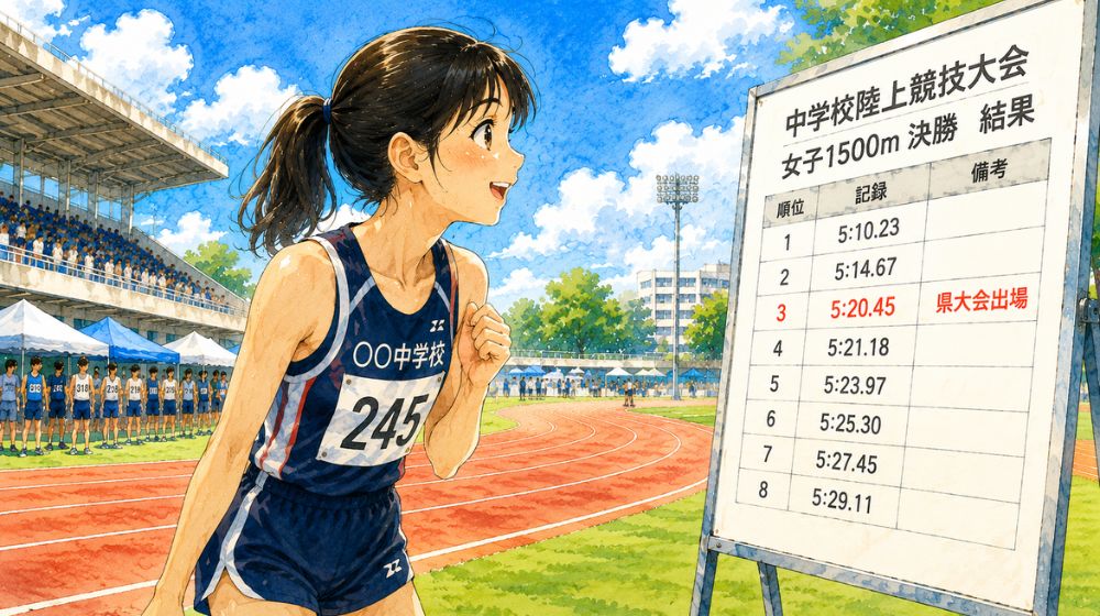 県大会出場を決めた結果を見て喜ぶ中学生陸上部員のイラスト