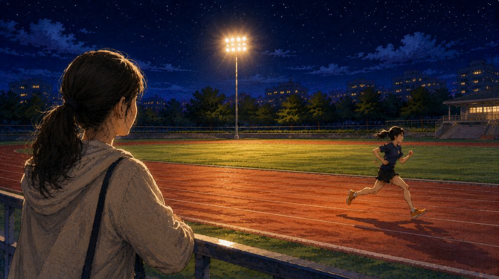 中学生陸上部の娘を夜の競技場で見守る母親の後ろ姿イラスト