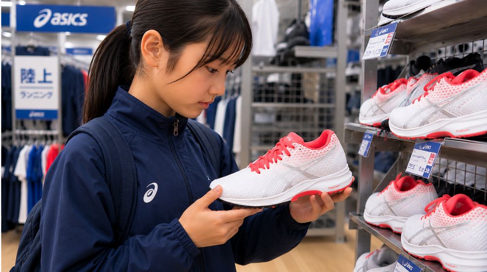 中学陸上部に入った娘がアシックスのライトレーサーを選んでいる様子