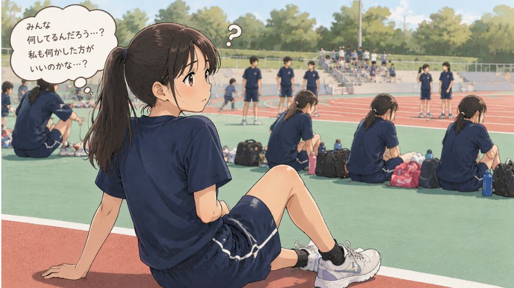 初めての陸上記録会で、周りの選手の動きを見ながら戸惑う中学生女子